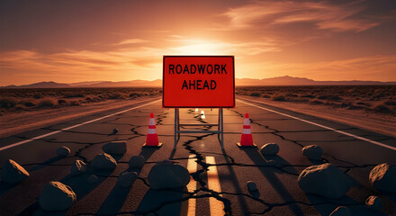 Roadwork Ahead Warning In Remote Desert At Sunset Obstacles Ahead