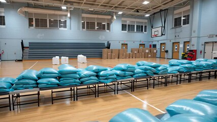Indoor gymnasium filled with neatly arranged blue bags on tables, surrounded by cardboard boxes, showcasing a community event setup for distribution and organization of supplies