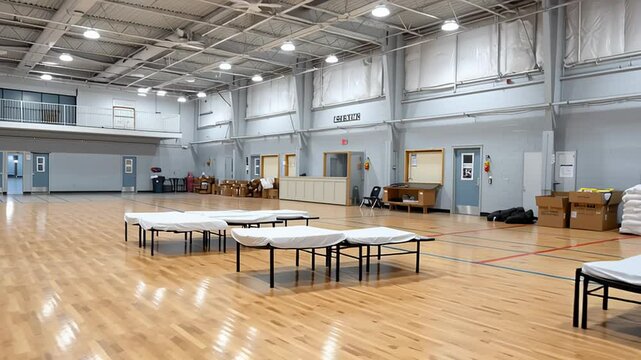 Spacious indoor facility featuring multiple beds arranged on metal frames, with wooden flooring and bright lighting, creating a welcoming environment for temporary accommodations