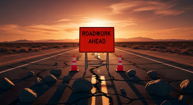 Roadwork Ahead Warning In Remote Desert At Sunset Obstacles Ahead