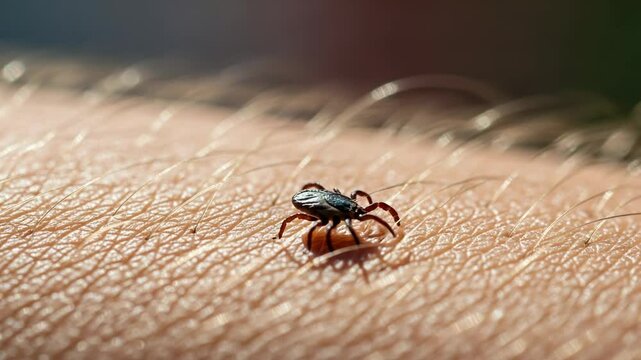 A tick crawls on human skin, potentially carrying diseases like lyme disease and posing a risk of infection