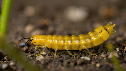 Pyrochroa coccinea caterpillar larva - Fire Moth butterfly. Close-up macro of yellow insect larva development. Background.