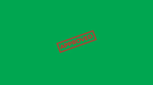 Approved stamp animation in red rectangular design with 2 text styles, clean and rough on green screen. 4K animated for motion graphics, overlays, business, infographics, and approval scenes.