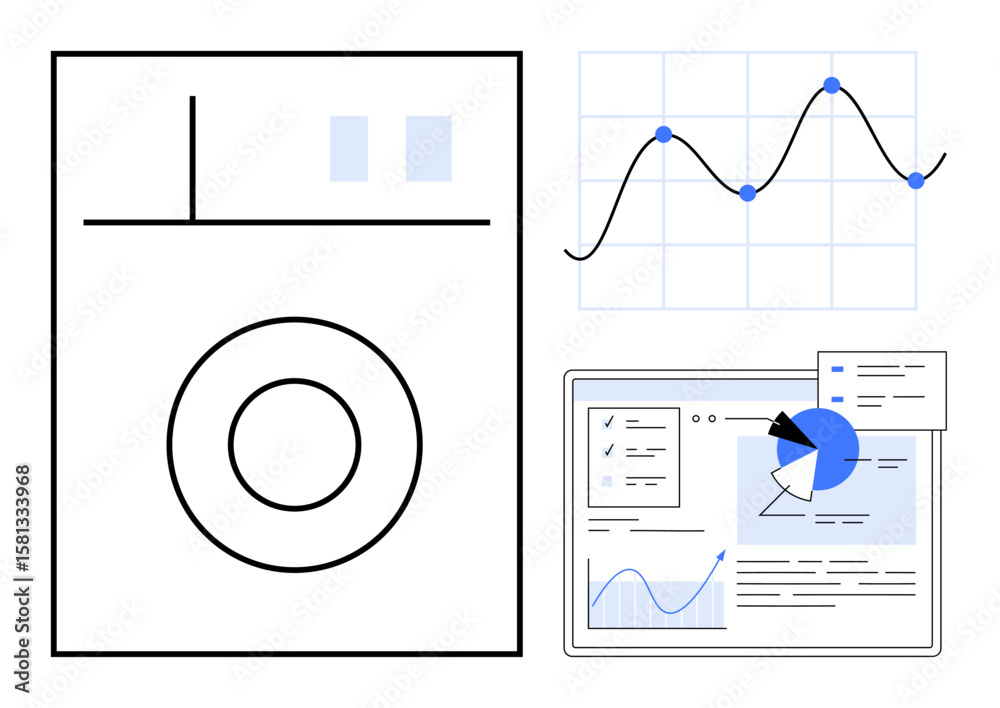 Poster analytical dashboard with a chart, line graph, and modular interface elements. ideal for analytics, 