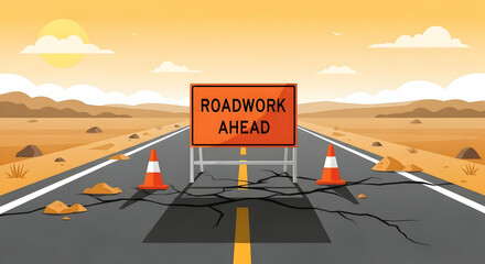 Roadwork Ahead Warning Sign on Cracked Asphalt Highway Illustration Graphic