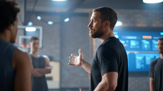 Group of men engaged in discussion in a modern gym setting, showcasing teamwork and motivation, with a focus on fitness and personal development in a dynamic atmosphere