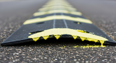 Road Safety Device And Yellow Paint On Asphalt Surface In Perspective View