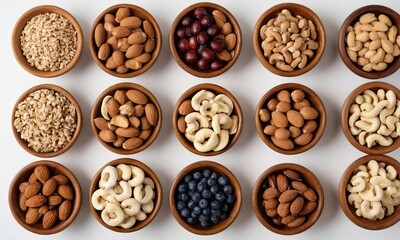 Fototapeta premium Assortment of Healthy Nuts and Berries in Wooden Bowls Flat Lay