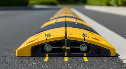 Road Safety Device Showing Speed Bump on Asphalt Road In Close Up View