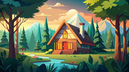 Fototapeta premium Cozy cabin nestled in a lush forest , house, cabin, home, forest, trees, nature, tranquil, secluded, peaceful, remote .Very beautiful