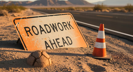 Roadwork Ahead warning sign with traffic cone in a dry desert landscape scene