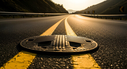 Road safety feature installation on an asphalt road with a scenic mountain view in the background