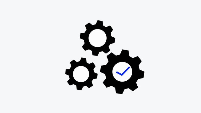 Gears with checkmark sign. Editable stroke line icon. Vector illustration