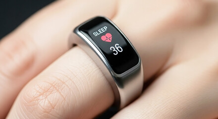 A finger wearing a smart ring displaying sleep data with a heart icon and the number