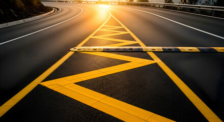 Road safety measure on a curve with yellow chevron markings and speed bump
