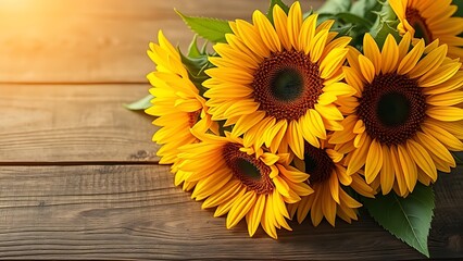 Sunflower bouquet on a rustic wooden surface, glowing with warm golden tones.