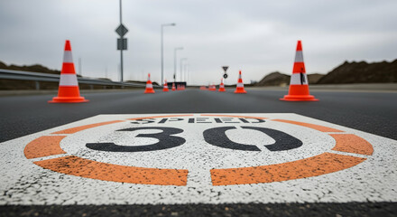 Road safety measures showcasing speed limit signage with traffic cones on the asphalt