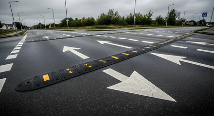 Road safety measures with speed bumps and directional arrows on asphalt surface