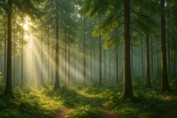 Fototapeta premium A photorealistic forest panorama with sun rays shining through tall trees, creating a misty and vibrant morning atmosphere.