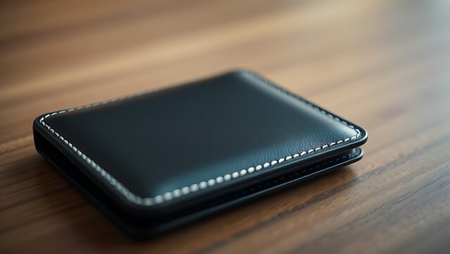 A sleek wallet lies on a wooden surface, highlighted by warm ambient lighting in a minimalist setting.