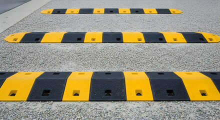 Road Safety Measures: Yellow And Black Speed Bumps On Gray Asphalt Surface