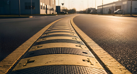Road Safety Speed Bump In Urban Environment During Golden Hour Glow