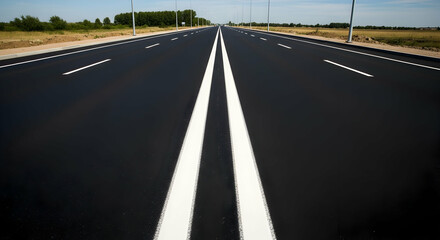 Naklejka premium Perspective View of a Straight Asphalt Road with Fresh White Markings Stretching to Horizon