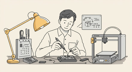 Male technician developing a prototype, soldering an electronic circuit board at a workbench with a 3D printer and tools.