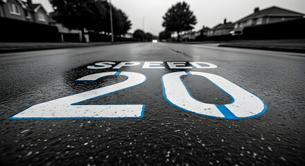 Road safety speed limit painted on the asphalt road indicating twenty miles per hour