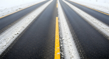 Snowy Road Perspective With Yellow Line Dividing Lanes Winter Transportation