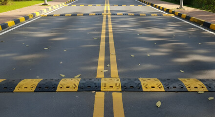 Road safety speed bumps, marked lanes and curb design enhance traffic control and awareness
