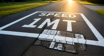 Road safety with damaged road surface and speed limit sign at sunset or sunrise