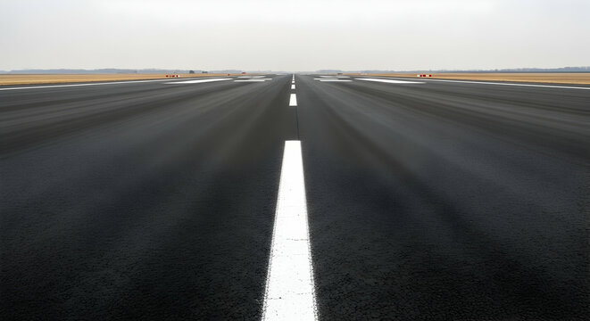 Runway Perspective: An asphalt runway stretching to the horizon under a muted sky offering a sense of travel and anticipation