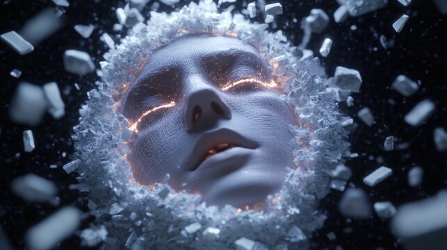 Human face dissolving into digital fragments with surreal effects