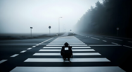 Solitary Traveler Awaits on Foggy Zebra Crossing Adventure Travel Concept