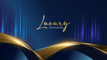 Blue Background with Abstract Curved Gold Lines. Stylish Shine and Metallic Accents for Sophisticated Look.
Creative Gold Ribbon Waves with Subtle Lighting.Royal-Themed Poster for Gala or Recognition.