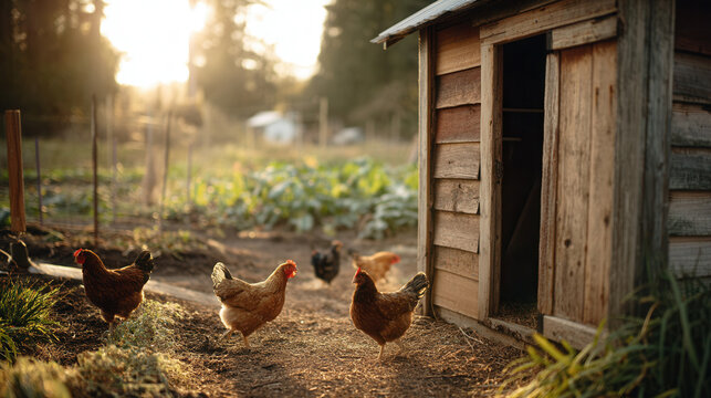 A rustic chicken coop in a backyard setting. Several brown hens roam freely near the coop. The scene is illuminated by warm sunlight, surrounded by greenery.