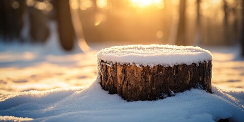 Winter Sunset: Snow-Covered Tree Stump in a Forest
