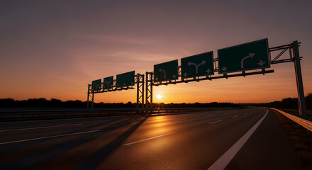 Road Signs Guide Motorists During Sunset Journey, Towards Destinations Ahead