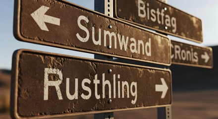 Rustic and weathered directional signage pointing towards fictional destinations