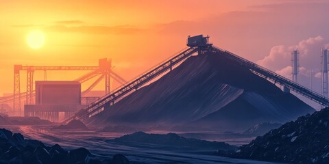 Sunset over a Coal Mine: Industrial Landscape at Dusk