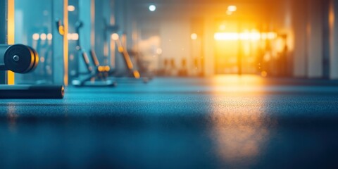 Modern Fitness Center Interior: Gym Equipment and Warm Lighting