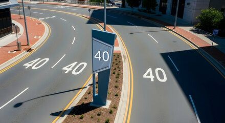 Road Speed Limit With Asphalt Surface And Buildings On Sides On Sunny Day