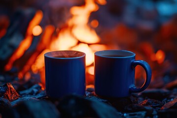 Cozy Campfire Night: Two steaming mugs of hot drink by a warm bonfire.