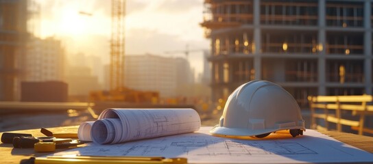 Sunset Construction Site: Plans and Hard Hat