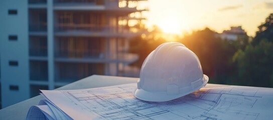 Sunset Construction Site: Hard Hat Resting on Blueprints