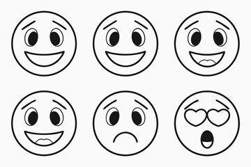 Collection of six simple black and white cartoon emoji faces showing different emotions
