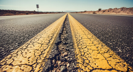 Road To Nowhere With Cracks And Yellow Dividing Lines In The Desert
