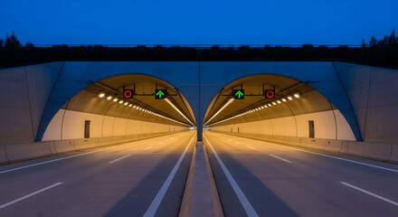 Road Tunnel Entrance With Traffic Lights at Twilight Hour Architecture