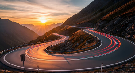 Spectacular sunset illuminates a winding mountain road with car light trails creating a sense of movement and adventure